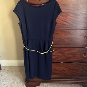 Size 16 Chaps Navy short sleeve dress with ruffle waist and lime green belt